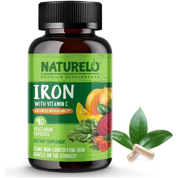 NATURELO Vegan Iron Supplement with Whole Food Vitamin C - 90 Mini Capsules