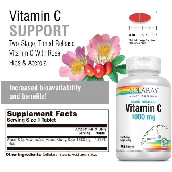 SOLARAY Vitamin C with Rose Hips & Acerola | 1000mg | Healthy Immune Function | 250ct  سولارى فيتامين ج مع ورد المسك والكرز الهندى 1000 مجم ، لصحة وظائف الجهاز المناعى ، 250 حباية - Image 4